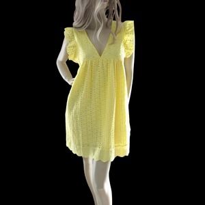 Yellow Eyelet Romper Dress Ruffled Babydoll Coquette Vibe With Built-In Shorts M
